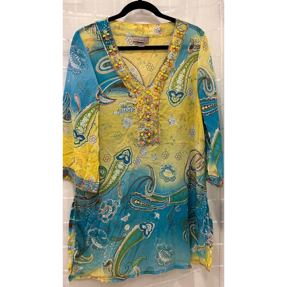 Peppermint Bay Paisley Ombre Beaded V-Neck Tunic Top Blue Yellow Womens L